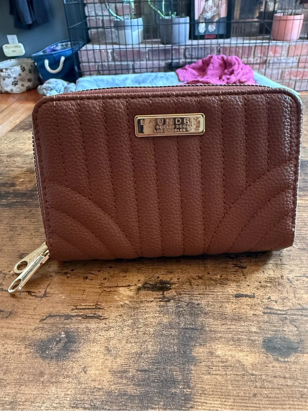 Laundry By Shelli Segal Quilted Chestnut Zip-Around Wallet with Gold Hardware